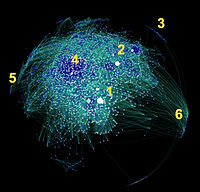 An artist's depiction of the interconnections between blogs and blog authors in the "blogosphere" in 2007 Blogosphere map.jpg