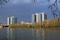 at the Pest end of the Europe Tower (left) and the Danube Tower (right) seen from Margaret Island