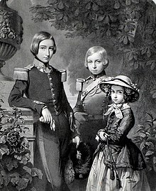 gravure représentant les trois enfants du roi Léopold Ier : ses deux fils sont en uniforme