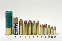 Common handgun cartridges. Left to right: 1) 3 inch 12 ga magnum shotgun shell 2) AA battery 3) .454 Casull 4) .45 Winchester Magnum 5) .44 Remington Magnum 6) .357 Magnum 7) .38 Special 8) .45 ACP 9) .38 Super 10) 9 mm Luger 11) .32 ACP 12) .22 LR