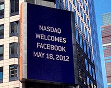 Billboard on the Thomson Reuters building welcomes Facebook to Nasdaq, 2012 Facebook on Nasdaq.jpeg