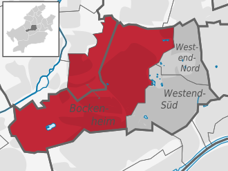 Carte situant le quartier (en rouge) au sein l'arrondissement (en gris foncé) et du reste de la ville (en gris clair)