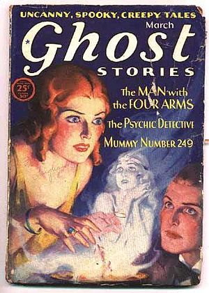 Cover of Ghost Stories in March 1931. It features a man and women looking intently at the image of a woman appearing in smoke rising from an incense brazer.