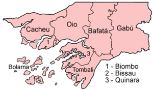 A clickable map of Guinea-Bissau exhibiting its eight regions and one autonomous sector.