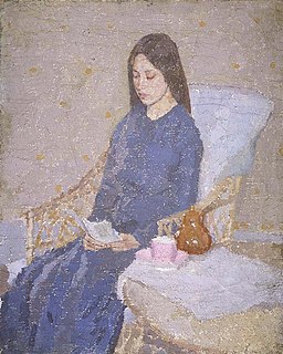 Painting of a person sitting in a chair and reading