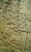 Left side image of La Mojarra Stela 1 showing a person identified as "Harvester Mountain Lord" (Epi-Olmec culture)