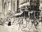 Eine aufgebrachte Menge fordert die Umbenennung des Café français (1914)