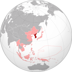 Korea (dark red) within the Empire of Japan (light red) at its greatest extent in 1942