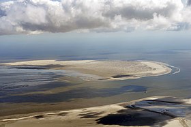 Photo aérienne de la côte de la mer du Nord en 2012, vue du banc de sable Norderoogsand.