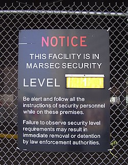 A MARSEC Level 1 sign on the Whitehall Ferry Terminal of the Staten Island Ferry in Manhattan, New York City MARSEC 1 wide.jpg