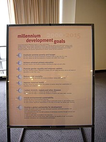 A poster at United Nations Headquarters showing Millennium Development Goals Millennium Development Goals, UN Headquarters, New York City, New York - 20080501.jpg