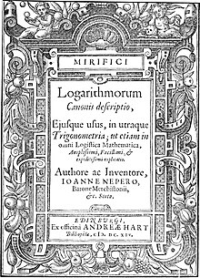 Title page of John Napier's Mirifici Logarithmorum Canonis Descriptio from 1614, the first published table of logarithms Mirifici Logarithmorum canonis Descriptio.jpg