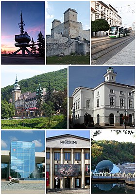 Horário no canto superior esquerdo:Torre de tv de Avas, Castelo de Diósgyőr, Rua Széchenyi, Teatro Nacional de Miskolc, Banho de caverna, Museu Ottó Herman, Universidade de Miskolc, Hotel Palácio de Lillafüred