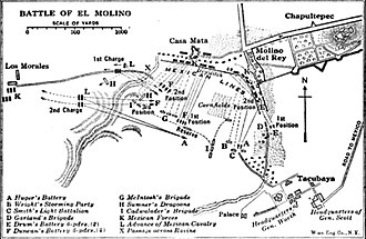 Black and white map shows the Battle of Molino del Rey.