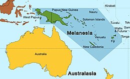 Карта Океании с островами Меланезии, выделенными розовым цветом.