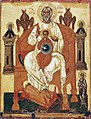 La Paternité Emmanuel avec Dieu le Père et le Saint-Esprit (Iconographie de la Sainte-Trinité). Novgorod. XIVe siècle.