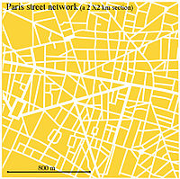 A 2x2 km square segment of the street network of Paris that often, and erroneously, is characterized as a grid. It shows the highly irregular city blocks and the range of street orientations, both common attributes of many historic cities Paris Street Network Segment.jpg