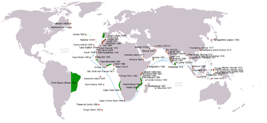 Portuguese discoveries and explorations since 1336: first arrival places and dates; main Portuguese spice trade routes in the Indian Ocean (blue); territories claimed by King John III of Portugal (c. 1536) (green) Portuguese discoveries and explorationsV2en.png