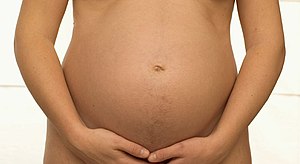 Belly of a woman in her 34th week of pregnancy.