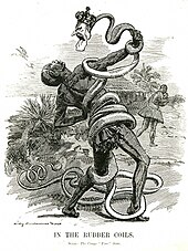 A 1906 Punch cartoon depicting King Leopold II as a snake entangling a Congolese man Punch congo rubber cartoon.jpg