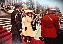 Elizabeth II at New Westminster City Hall during her 1971 tour of British Columbia. Queen Elizabeth at New Westminster City Hall in 1971 (52370642444).jpg