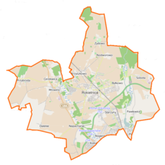 Mapa konturowa gminy Rokietnica, po prawej nieco na dole znajduje się punkt z opisem „Pawłowice”