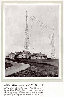 Photo of Green's house, with the WMAF antenna in the foreground Round-hills-antenna.jpg