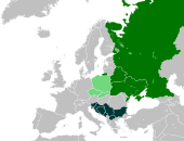 Map of countries in Central and Eastern Europe where Slavic languages predominate. Dark green represents East Slavic languages, pale green represents West Slavic languages, and sea green represents South Slavic languages. Slavic europe.svg