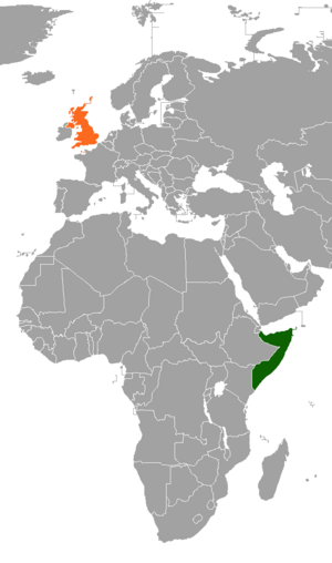 Mapa indicando localização da Somália e do Reino Unido.