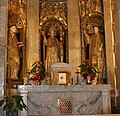 Els sants a la capella dels sants màrtirs de la Catedral de Tarragona; talles del s. XVII i reliquiari amb restes de tots tres.