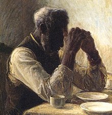 Detalle del hombre negro anciano en la pintura Los pobres agradecidos de Henry Ossawa Tanner.