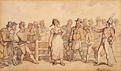 Vendendo uma esposa (1812-1814), de Thomas Rowlandson. Esta ilustração dá ao espectador a impressão de que a venda era uma prática divertida, mas na realidade ela era inerentemente humilhante para os envolvidos