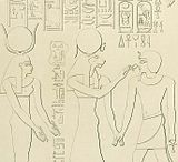 Copia di un rilievo raffigurante re Amenofi II al cospetto di Hathor e Sekhmet, e vivificato da quest'ultima. 2º pilone del Complesso templare di Karnak.