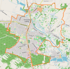 Mapa konturowa Tomaszowa Lubelskiego, w centrum znajduje się punkt z opisem „Kościół Zwiastowania Najświętszej Maryi Panny”