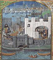 The 15th-century Tower in a manuscript of poems by Charles, Duke of Orleans (1394-1465) commemorating his imprisonment there. The white forebuilding to the left of the duke was demolished in 1674. (British Library). Towrlndn.JPG