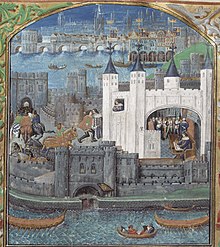 Charles, Duke of Orleans, the nephew of the King of France, was held in the Tower during the Hundred Years' War. This late 15th-century image is the earliest surviving non-schematic picture of the Tower of London. It shows the White Tower, the water-gate, and Old London Bridge in the background. Towrlndn.JPG