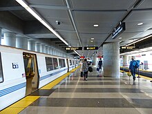 BART train at SFO station in 2020 Train at SFIA station, February 2020.jpg