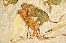 Condemned man attacked by a leopard in the arena (3rd-century mosaic from Tunisia) Tunisia-3363 - Amphitheatre Spectacle.jpg