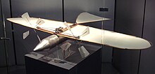 Victor Tatin's 1879 Aeroplane used a compressed-air engine for propulsion. Original craft, at Musee de l'Air et de l'Espace. Victor Tatin aeroplane 1879.jpg