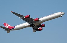 An Airbus A340-600 of Virgin Atlantic. In October 2008, Virgin Atlantic offered to combine its operations with BMI in an effort to reduce operating costs. Virgin atlantic a340-600 g-vyou arp.jpg