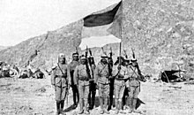 Soldiers of the Hashemite-led Arab Army holding the flag of the Great Arab Revolt against the Ottoman Empire in the Hejaz, 1916. 030Arab (cropped).jpg