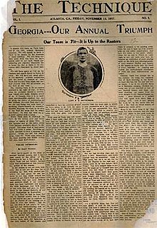 A newspaper front page with the headline,  "Georgia--Our Annual Triumph", an image of a football player,  and four columns of text