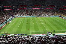 Some venues, such as the 68,000-seat Al Bayt Stadium, had its upper tier of seating removed to reduce capacity after the tournament. 2022 FIFA World Cup Qatar 0-2 Ecuador - (21).jpg