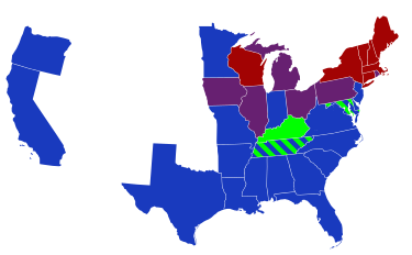 Senators' party membership by state at the opening of the 35th Congress in March 1857. The green stripes represent Know-Nothings. The senators from Minnesota and Oregon were not seated until later in the Congress.
.mw-parser-output .legend{page-break-inside:avoid;break-inside:avoid-column}.mw-parser-output .legend-color{display:inline-block;min-width:1.25em;height:1.25em;line-height:1.25;margin:1px 0;text-align:center;border:1px solid black;background-color:transparent;color:black}.mw-parser-output .legend-text{}
2 Democrats
1 Democrat and 1 Republican
2 Republicans
2 Know-Nothings 35th United States Congress Senators.svg