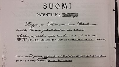 Део патентног дописа датог А.И. Виртанену и његовим сарадницима за метод силаже 1931