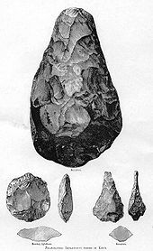 Acheulean hand-axes from Kent. H. erectus flint work. The types shown are (clockwise from top) cordate, ficron and ovate. Acheuleanhandaxes.jpg