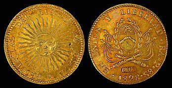 Moeda de ouro de oito escudos datada de 1828 das Províncias Unidas do Rio da Prata. (definição 4 411 × 2 250)