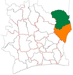Расположение региона Боункани (зеленый) в Кот-д'Ивуаре и в районе Занзан