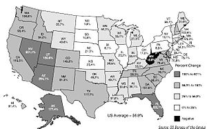English: Population Change 1960-2000 by state ...
