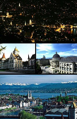 Top: Night view of Zurich from